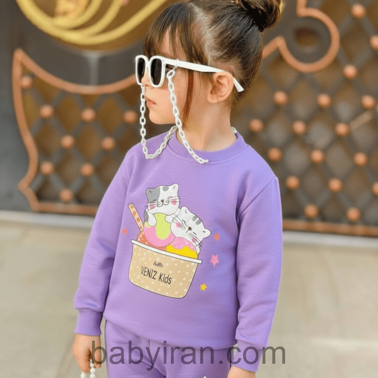 ست دو تکه طرح گربه گلدوزی شده جنس پنبه دونخ لاکرا بسیار لطیف بدون ابرفت