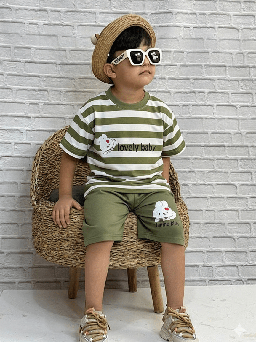 "خرید ست بچگانه تابستانی – تیشرت پنبه‌ای راه راه و شلوارک کتان | طرح خرگوش کیوت | موجود در ۴ رنگ (زرد، صورتی، سبز، قهوه‌ای)"