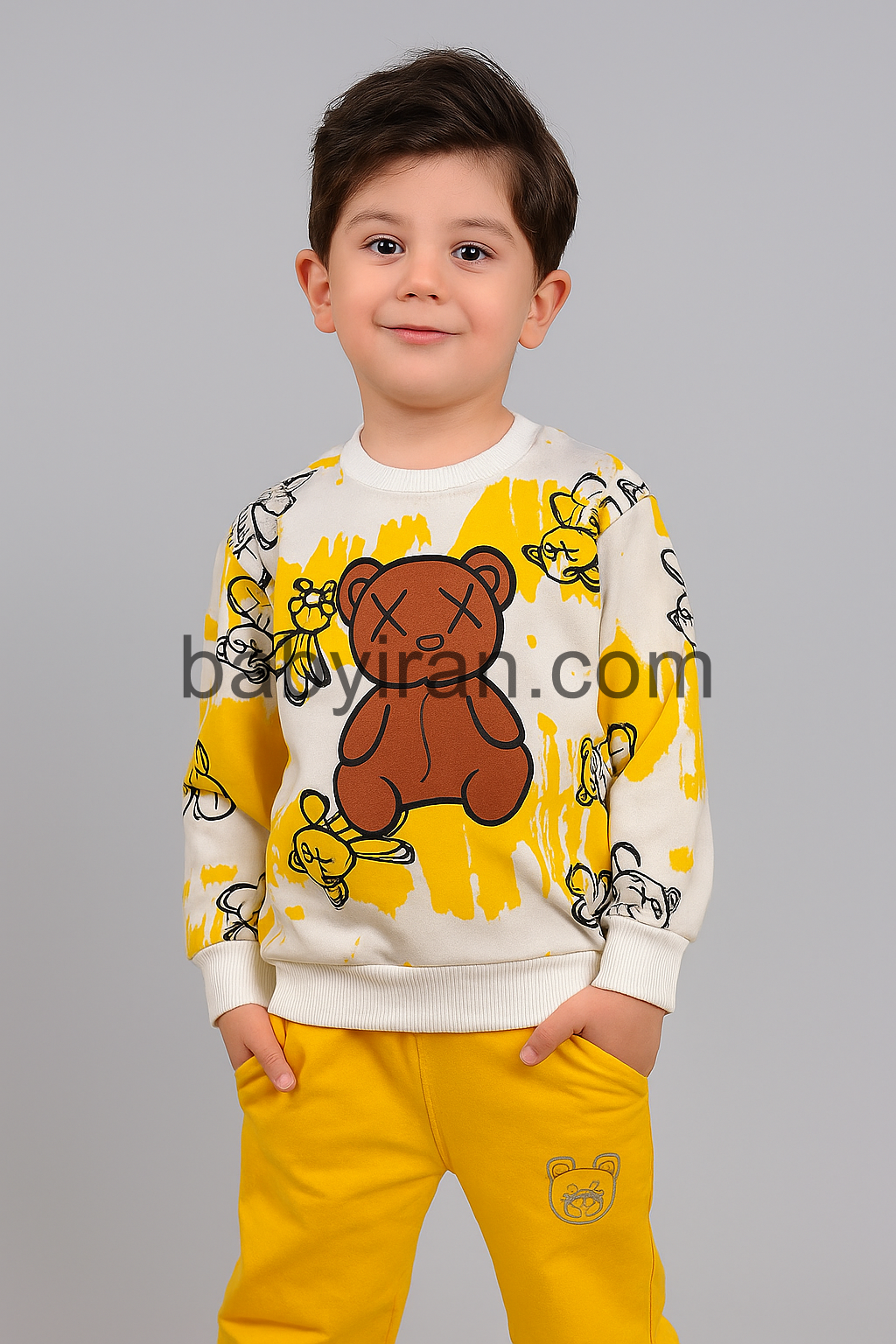 ست بلوز و شلوار پسرانه اسپرت طرح خرس کارتونی | پنبه کبریتی نرم در سه رنگ سبز، قهوه‌ای و زرد